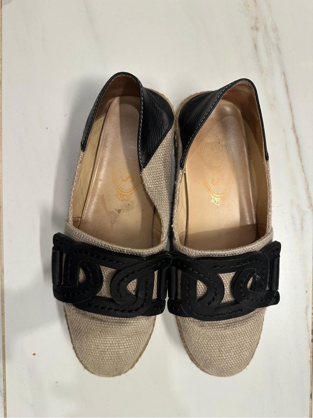 Fendi Beige Canvas Flats with Black Leather Trim and Logo Accent